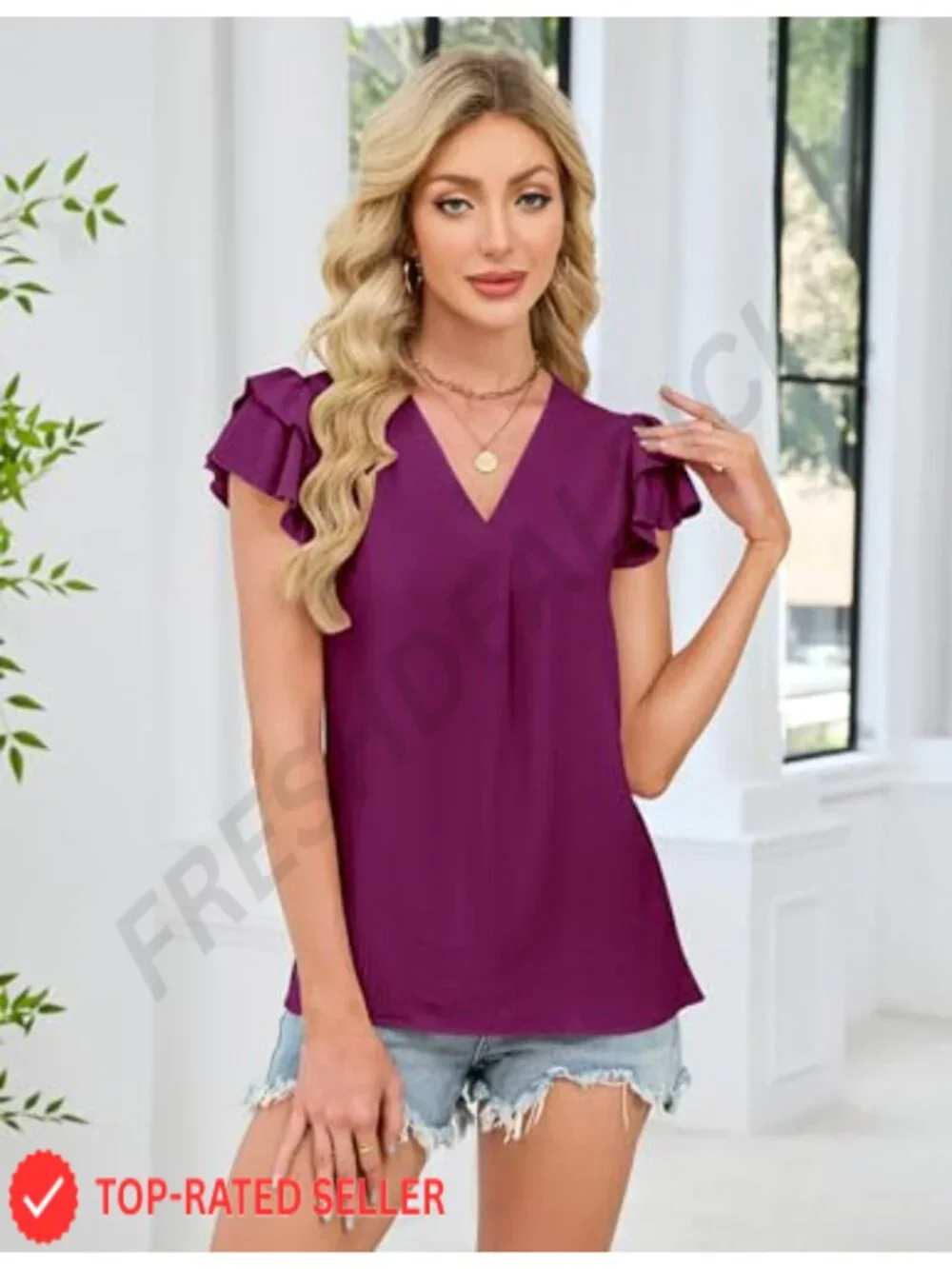 Dressy Casual Short Sleeve V Neck Blouse Business Work Summer Top - Picture 4 of 6